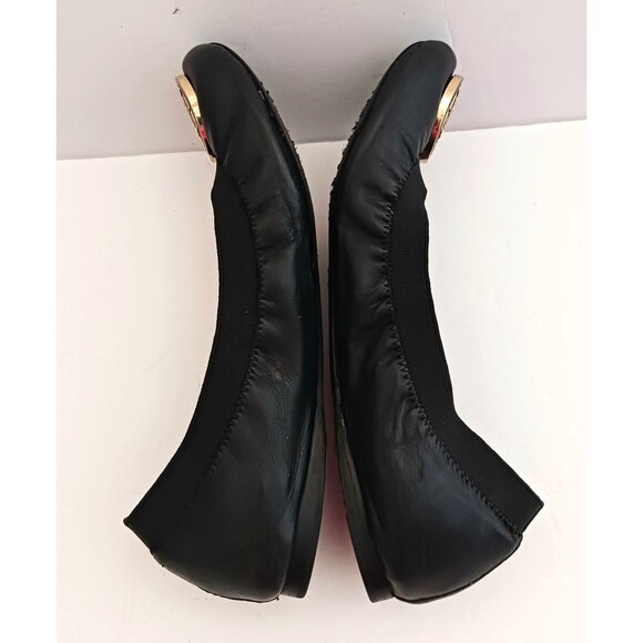 Tory Burch Caroline Blk Leather Ballet Flat Gold Enamel Logo Stretch Top 6.5M - Picture 8 of 9